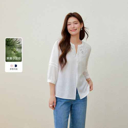 【轻薄透气小V领衬衫】纤莉秀大码女装七分袖上衣胖mm2026夏新款