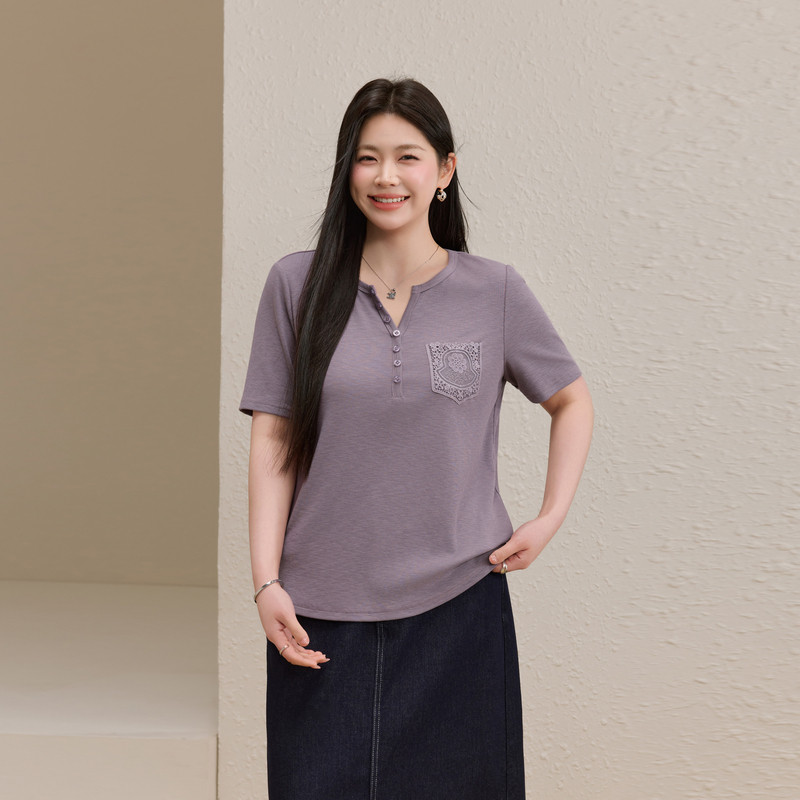 【口袋贴花T恤】纤莉秀大码女装时尚别致气质上衣胖mm2026夏新款