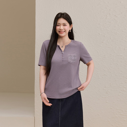 【口袋贴花T恤】纤莉秀大码女装时尚别致气质上衣胖mm2026夏新款