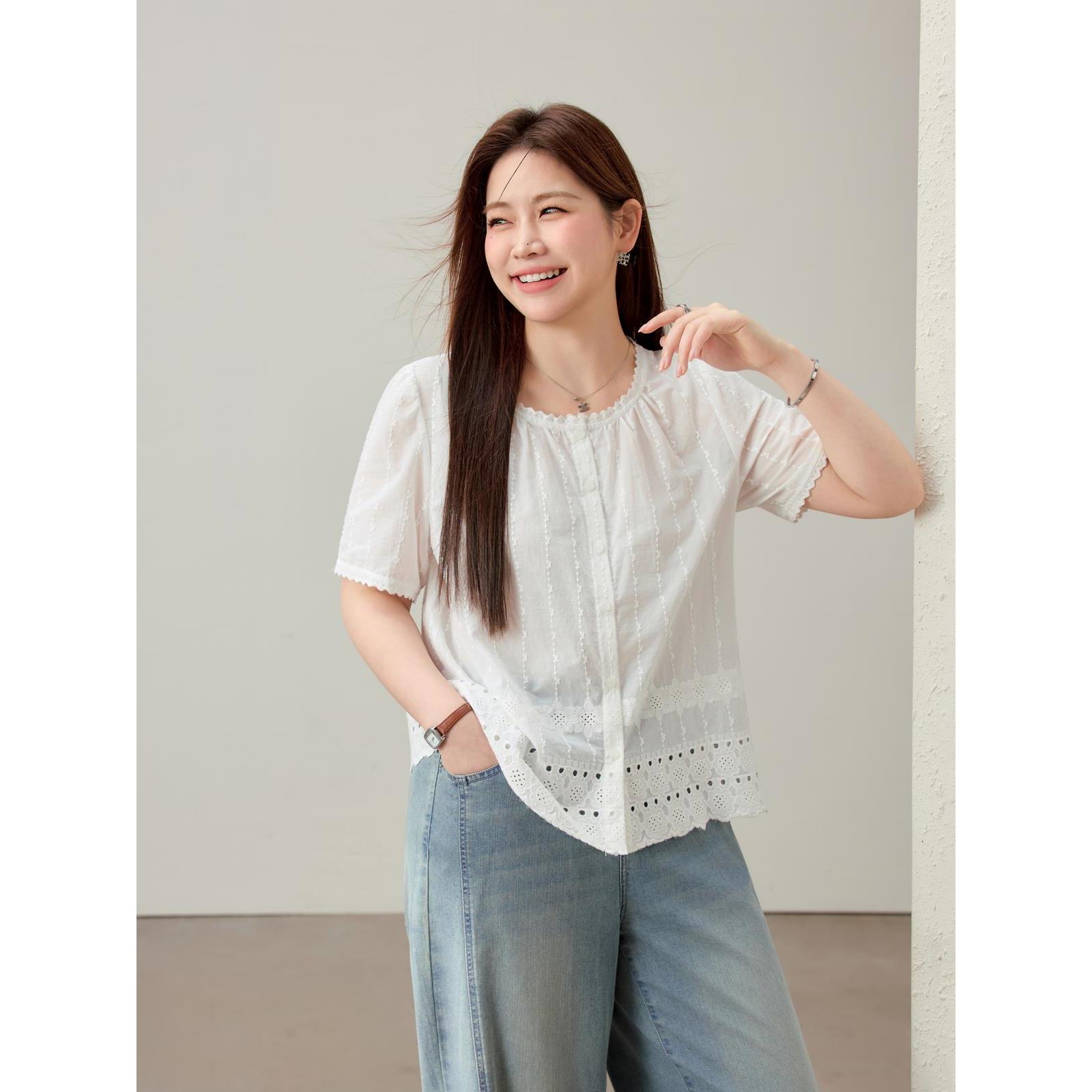 【洋气温柔花边领口纯棉舒适衬衫】纤莉秀大码女装胖mm2025夏新款
