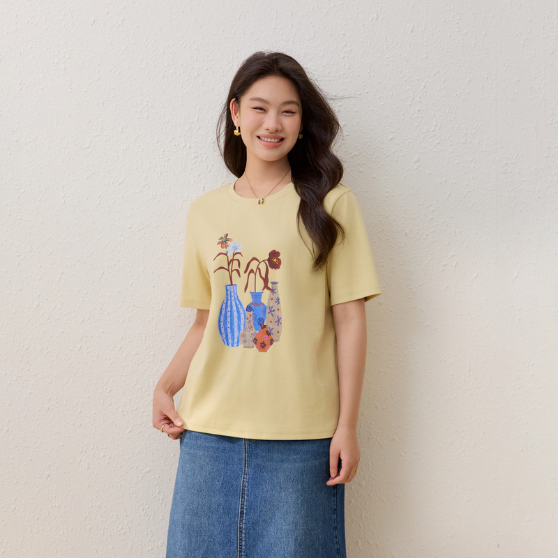 【个性印花圆领T恤】纤莉秀大码女装休闲百搭上衣胖mm2026春新款