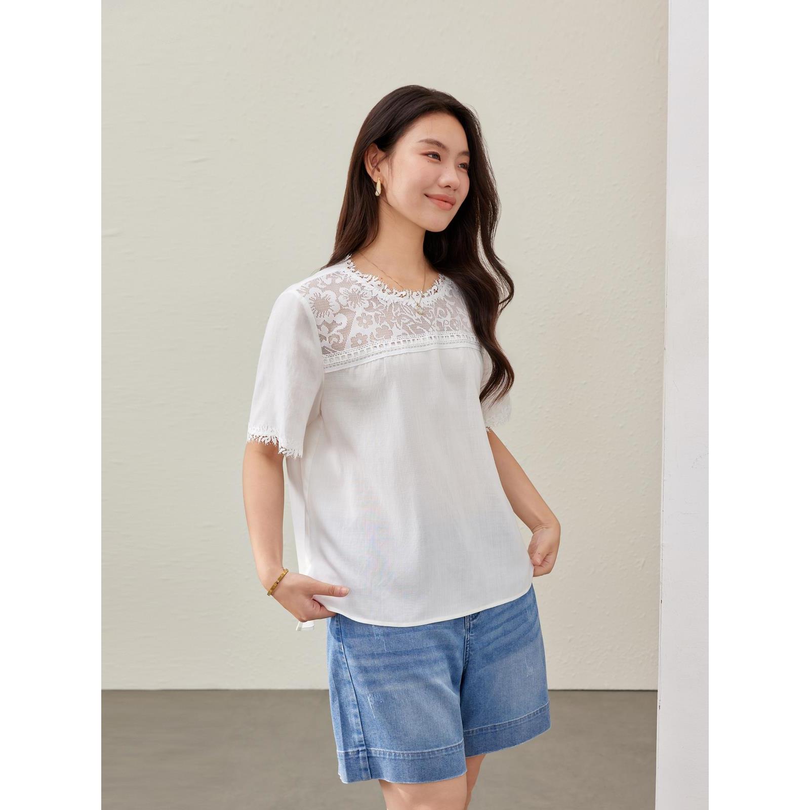 【优雅蕾丝拼接气质莱赛尔衬衫】纤莉秀大码女装胖mm2025夏装新款