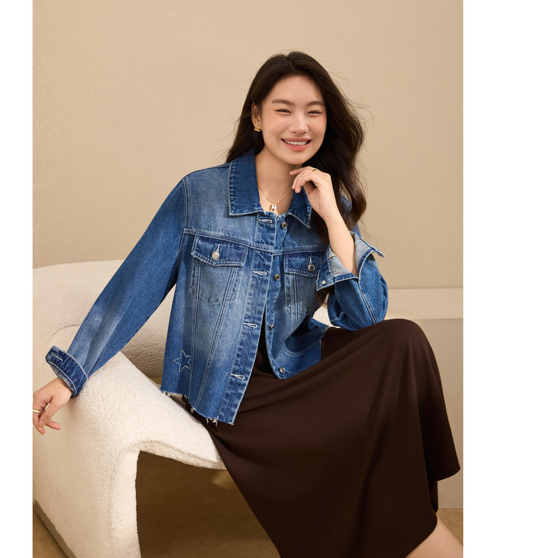 【街头风个性牛仔外套】纤莉秀大码女装百搭潮流上衣胖mm秋装新款