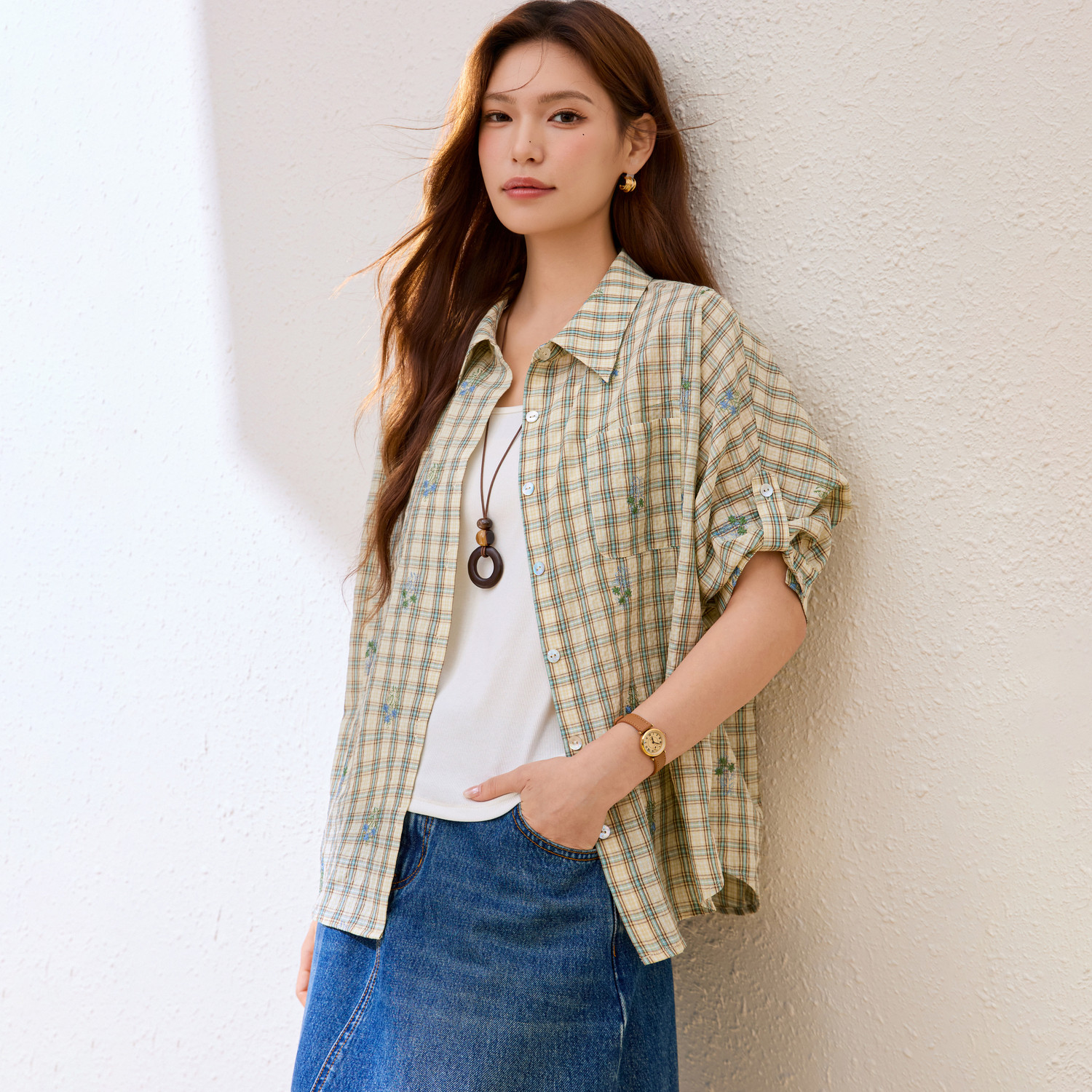 【宽松慵懒风格子衬衫】纤莉秀大码女装时尚减龄上衣胖mm夏季新款