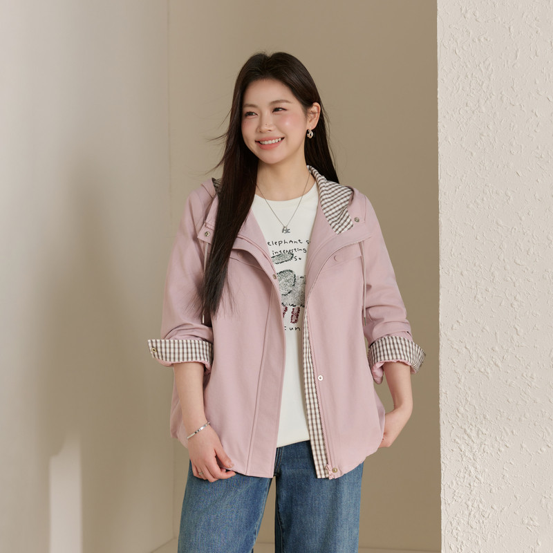 【时髦格子连帽风衣】纤莉秀大码女装休闲百搭外套胖mm2026春新款