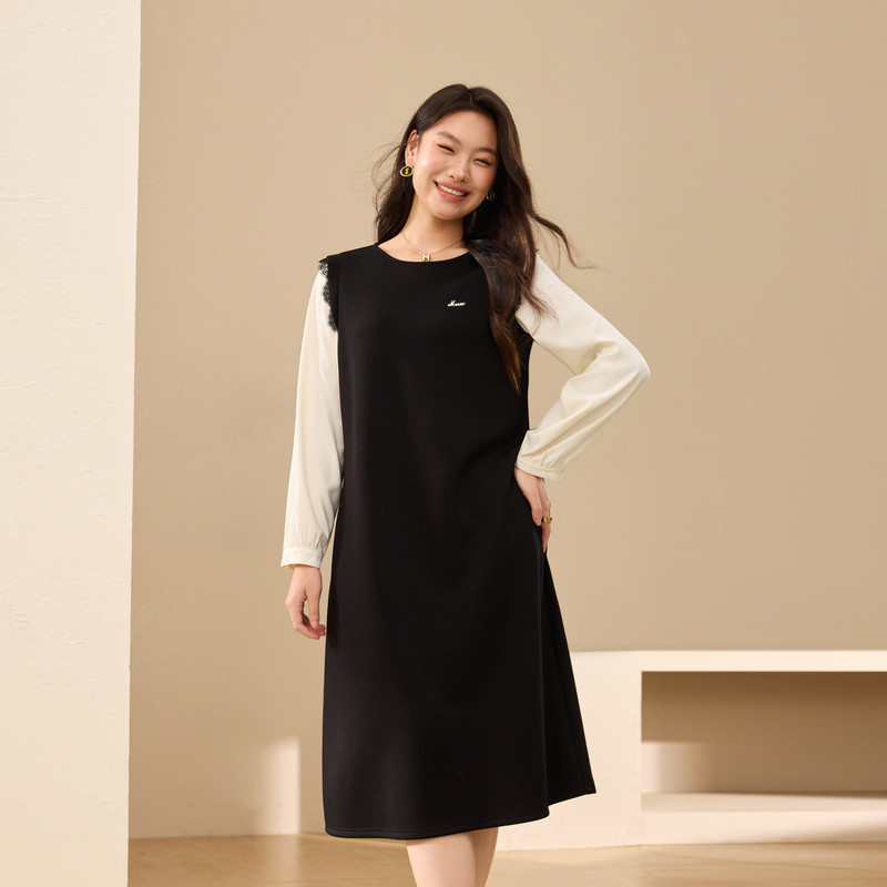 【个性拼接直筒裙】纤莉秀大码女装优雅显瘦连衣裙胖mm2025冬新款