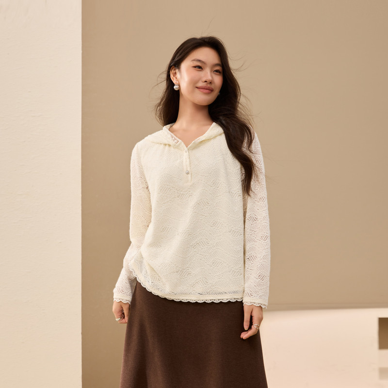 【少女梦境】水波纹抓毛连帽蕾丝衫纤莉秀大码女装胖mm2025冬新款