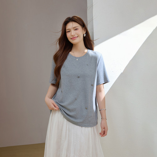 【星点】宽松舒适棉感百搭圆领T恤纤莉秀大码女装胖mm2026夏新款
