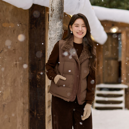 【松果】毛领加厚百搭叠穿棉服马甲纤莉秀大码女装胖mm2025冬新款