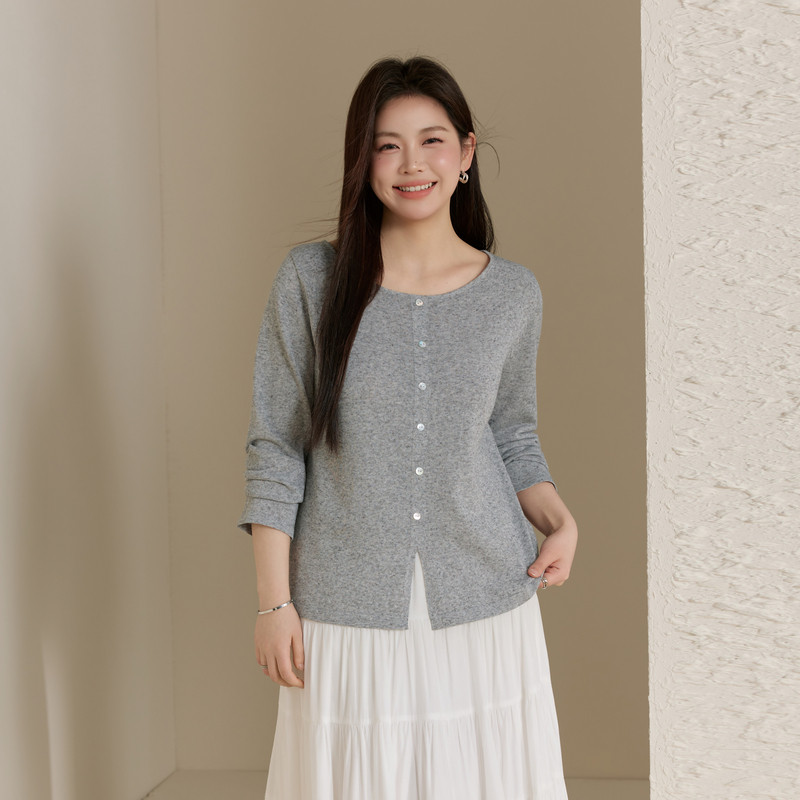 【絮语】亚麻混纺开叉设计针织衫纤莉秀大码女装胖mm2026夏装新款