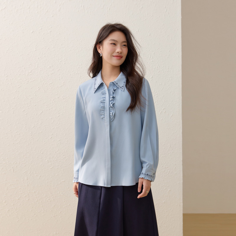 【法式木耳边衬衫】纤莉秀大码女装优雅显瘦上衣胖mm2026春装新款