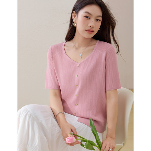 【法式桃心领针织衫】纤莉秀大码女装韩系温柔风上衣胖mm夏装新款