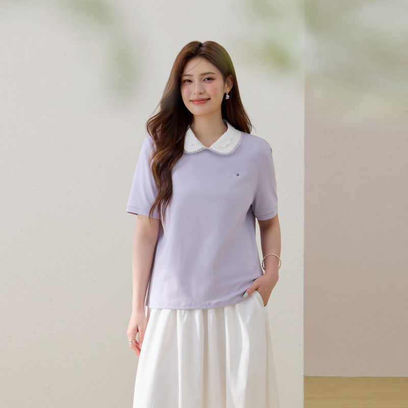 【洋气百搭T恤】纤莉秀大码女装甜美花边领口上衣胖mm2026夏新款