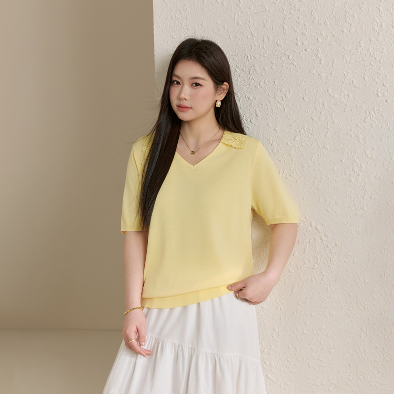 【温柔领花V领针织衫】纤莉秀大码女装简约气质上衣胖mm春装新款