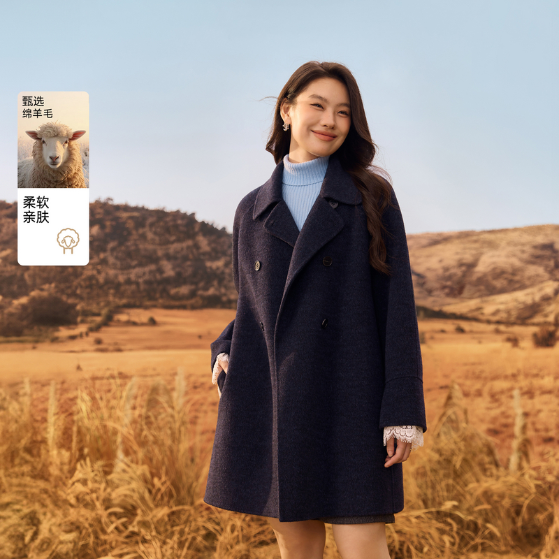 【双排扣100绵羊毛外套】纤莉秀大码女装中长款外套胖mm冬装新款