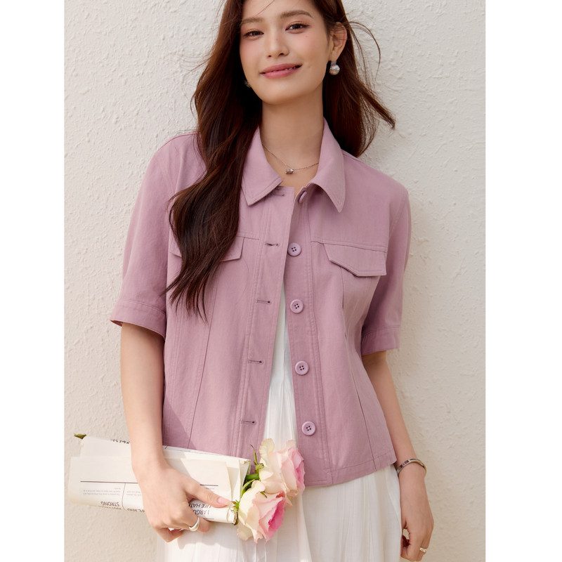 【纯棉短袖开衫】纤莉秀大码女装时尚翻领休闲外套胖mm2026春装款