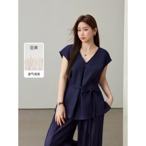 【左岸时光】松弛感知性气质100%亚麻套装纤莉秀大码胖mm夏装新款