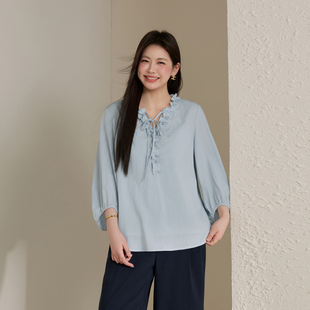 木耳边设计衬衫 法式 亚麻混纺 新款 女装 胖mm2026夏装 纤莉秀大码