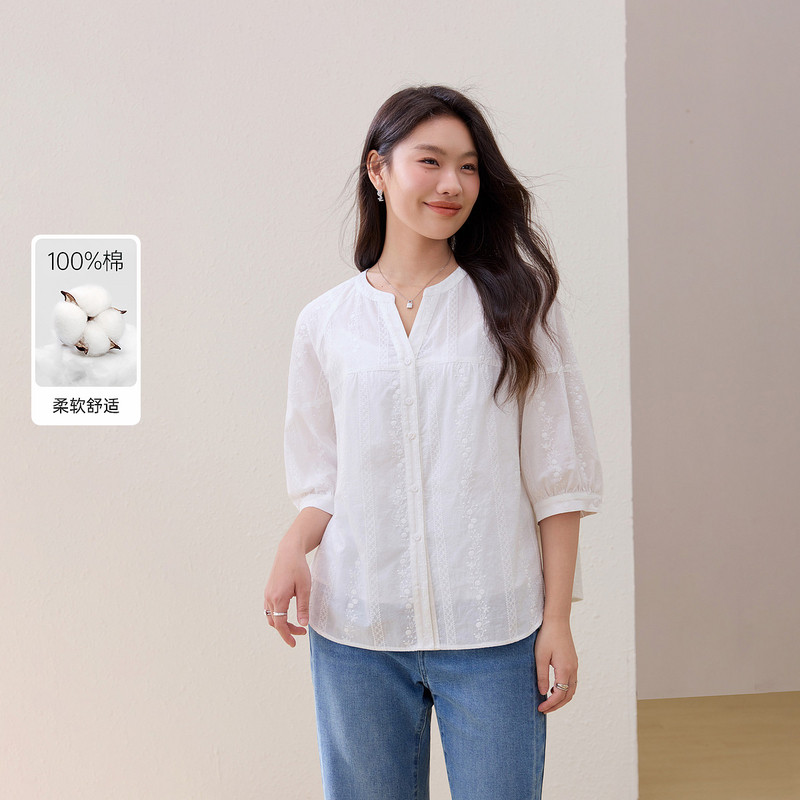 【纯棉七分袖衬衫】纤莉秀大码女装时尚气质温柔风上衣胖mm夏新款