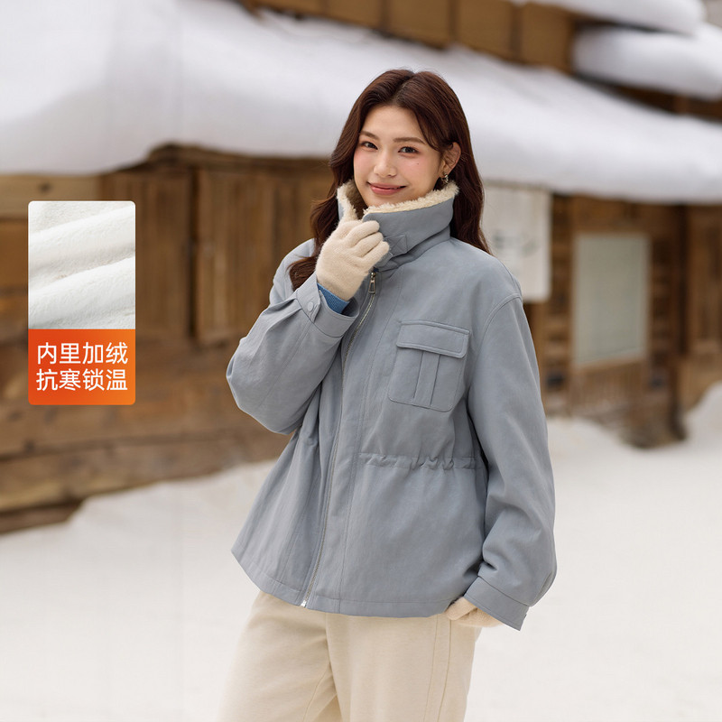 【冰川派克服】工装感翻领加绒皮衣外套纤莉秀大码女装胖mm冬新款