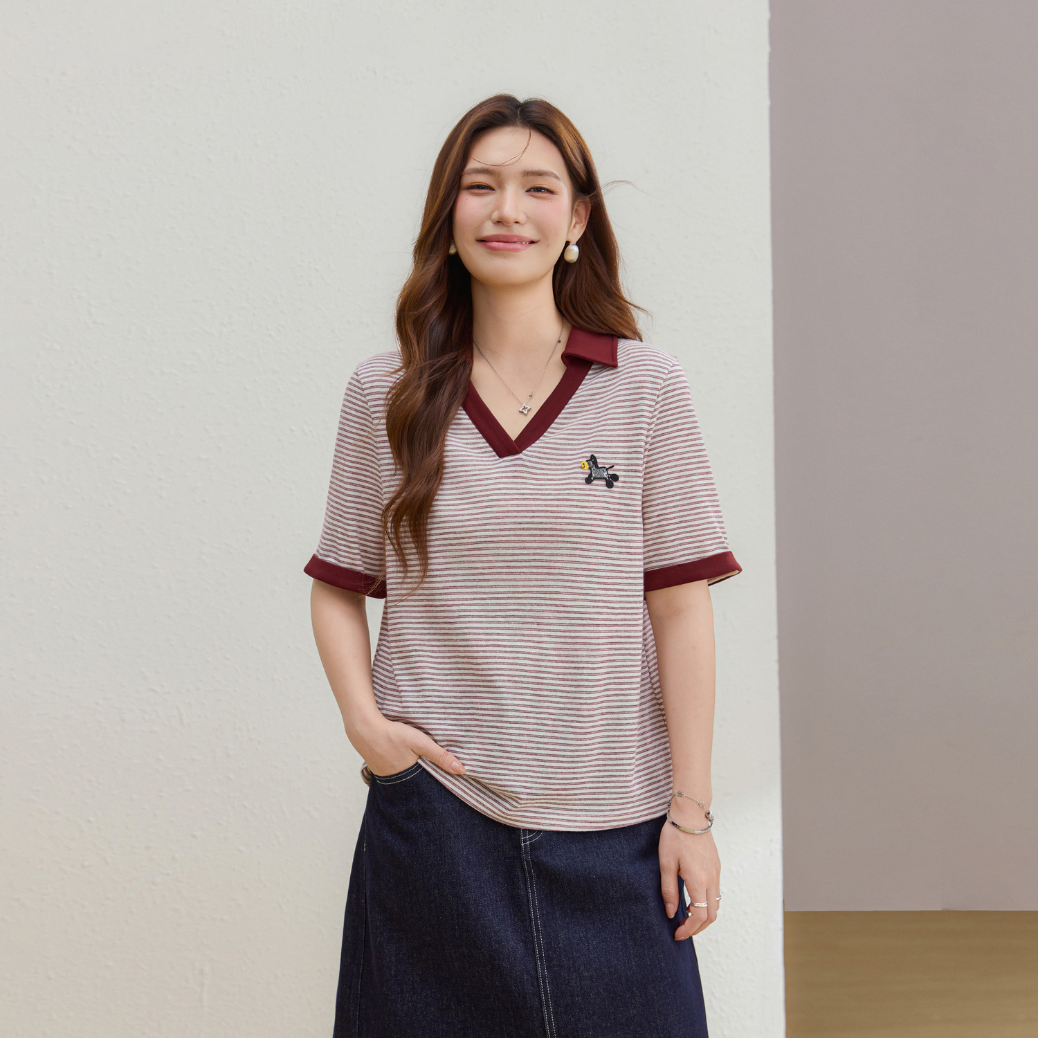 【学院风条纹T恤】纤莉秀大码女装宽松撞色上衣胖mm2026夏季新款