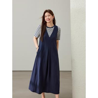 【简约气质V领藏蓝色无袖连衣裙】纤莉秀大码女装胖mm2025夏新款