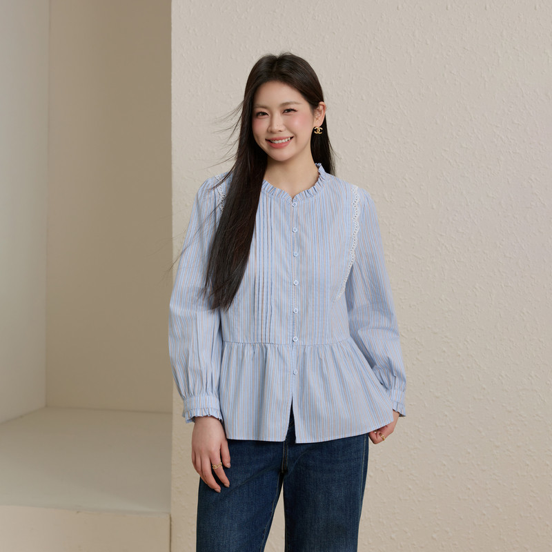 【知识份子风条纹衬衫】纤莉秀大码女装温柔百搭上衣胖mm春装新款