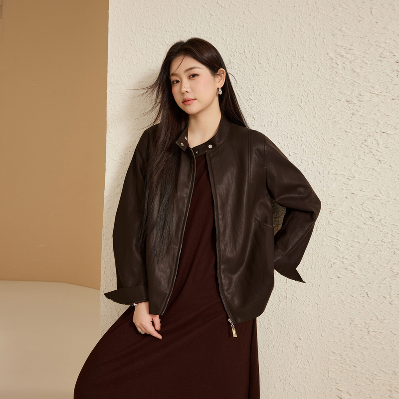 【机车风PU皮外套】纤莉秀大码女装潮流个性皮衣胖mm2025冬新款