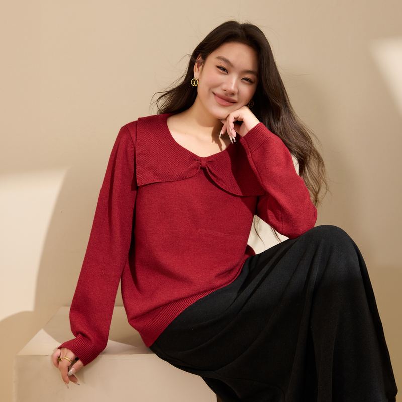 【蝶序】蝴蝶结彼得潘领小众针织衫纤莉秀大码女装胖mm2025冬新款