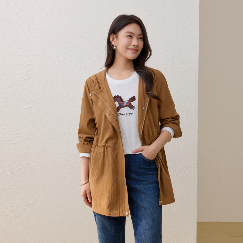 【中长款抽绳外套】纤莉秀大码女装时髦百搭风衣胖mm2026春装新款