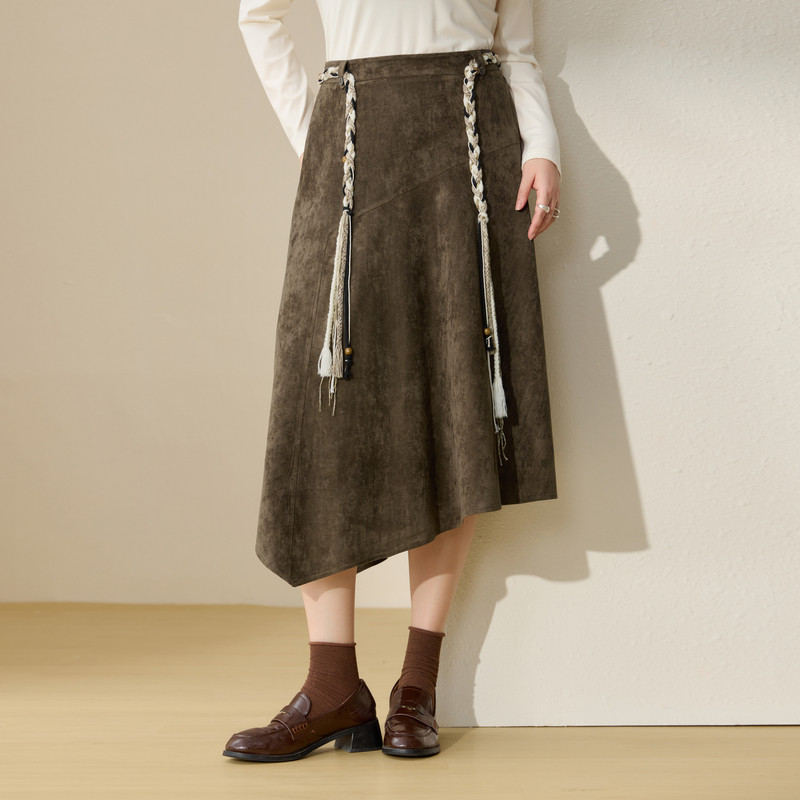 【麂皮绒半身裙】纤莉秀大码女装不规则设计感A字裙胖mm春装新款