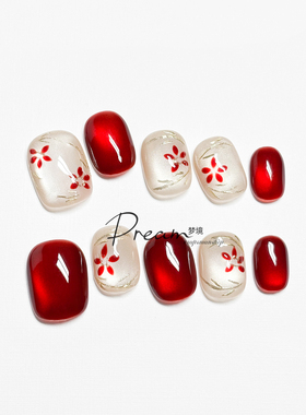 手绘花朵短款纯手工穿戴甲红色猫眼秋冬高级新娘显白新款美甲贴片