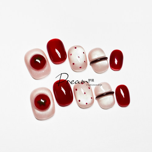 DREAM 手捏西红柿手工穿戴甲美甲短款甲片红色波点猫眼假指甲贴片