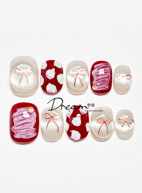 DREAM 纯手工穿戴甲2026秋冬新款美甲红色蝴蝶结小众短款高级贴片