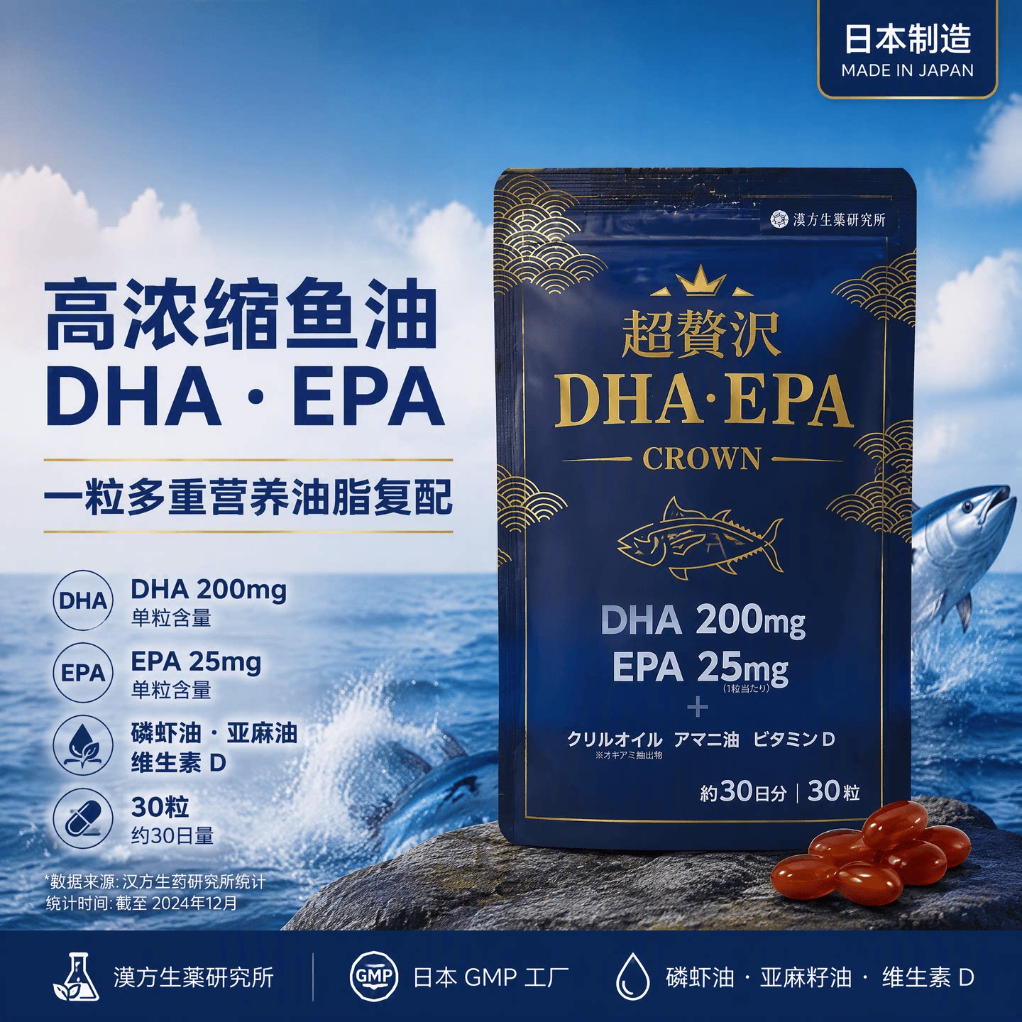 日本代购汉方生药研究所鱼油DHAEPA磷虾油亚麻籽油维D营养软胶囊