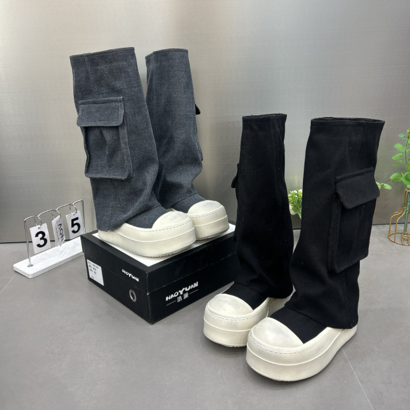 欧货早春新款牛仔布平底裤管靴口袋装饰休闲简约高筒靴女靴子美鞋