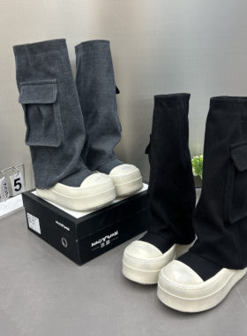 欧货早春新款牛仔布平底裤管靴口袋装饰休闲简约高筒靴女靴子美鞋