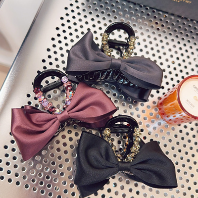 韩国进口绸缎蝴蝶结水钻【抓夹发夹】后脑勺盘发鲨鱼夹8cm高级美