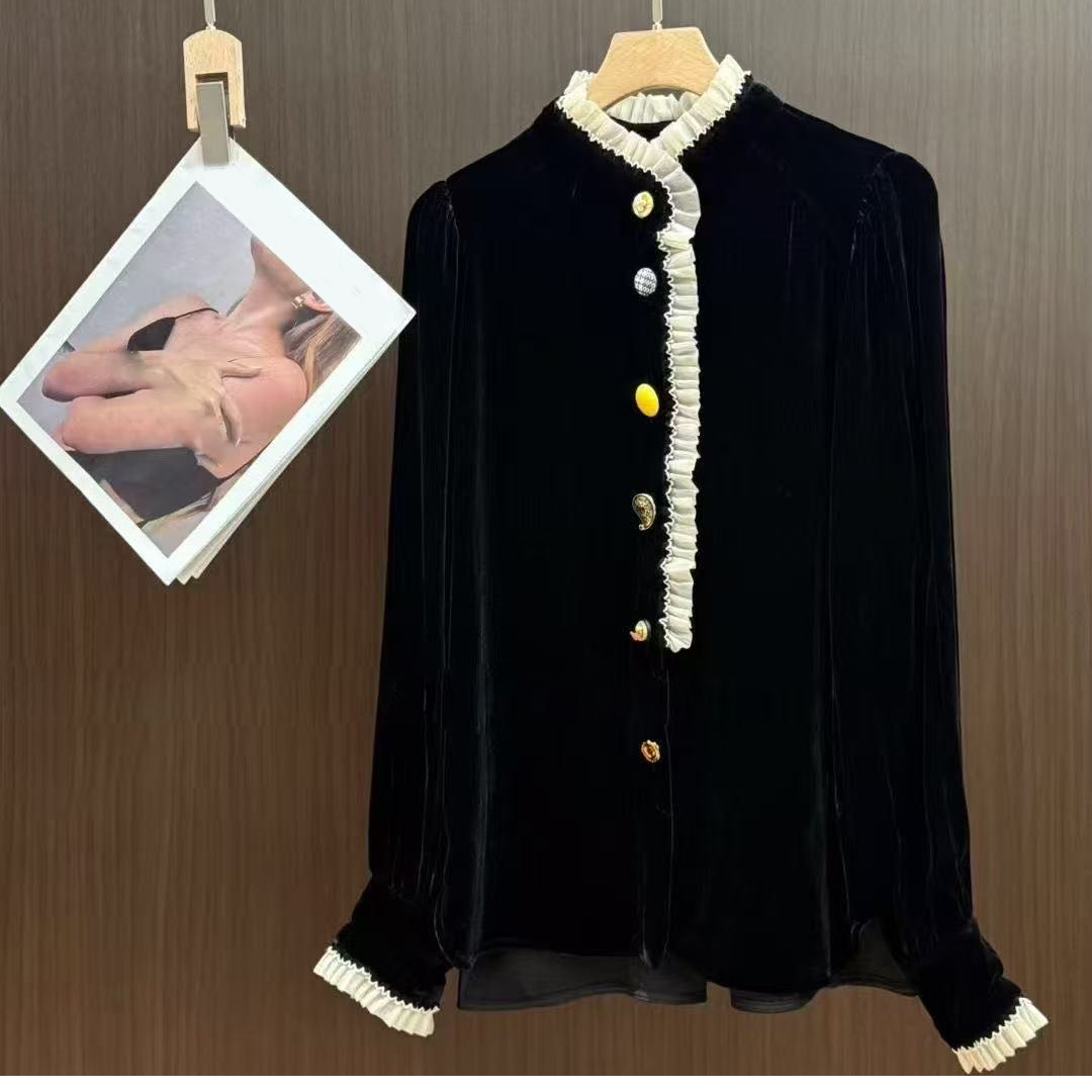 立领黑色木耳边丝绒长袖衬衫上衣