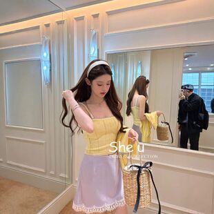 韩系春装小开衫半裙三件套高级感针织套装女奶黄撞色吊带外搭上衣