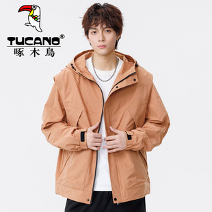 啄木鸟连帽夹克男春季宽松三防冲锋衣青少年痞帅休闲学生潮流外套