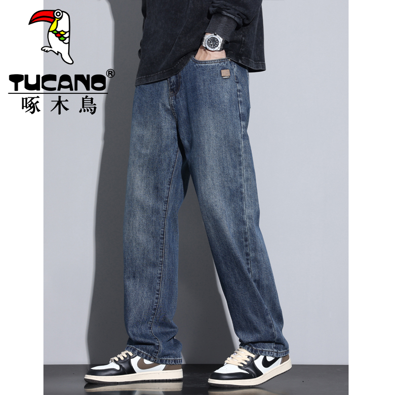 啄木鸟复古直筒牛仔裤男士2025春秋季新款阔腿直筒宽松水洗长裤子