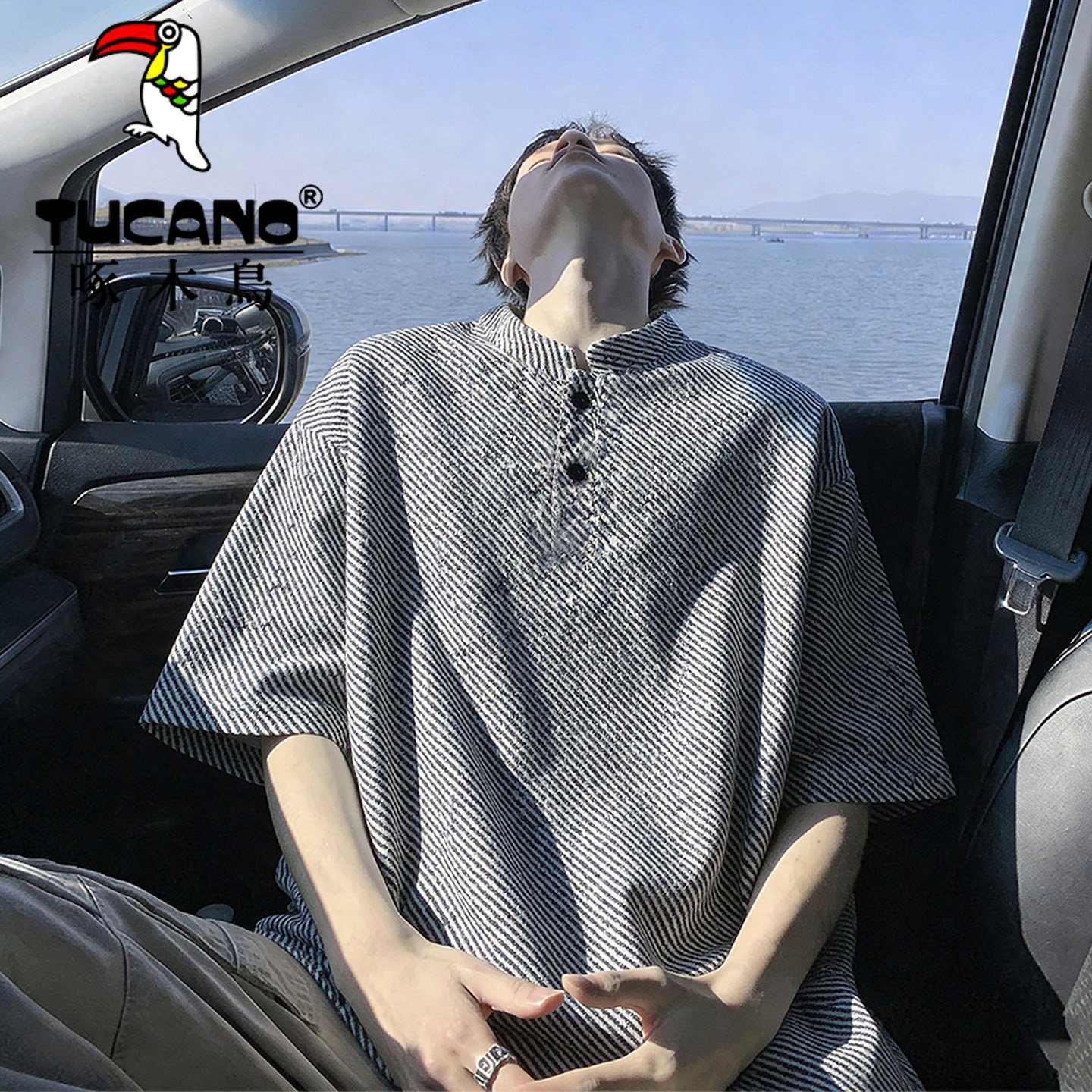 啄木鸟亨利领短袖t恤男夏季立领宽松半袖潮牌日系青少年休闲上衣