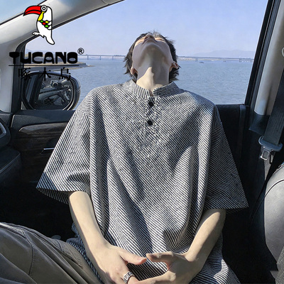 啄木鸟亨利领短袖t恤男夏季立领宽松半袖潮牌日系青少年休闲上衣