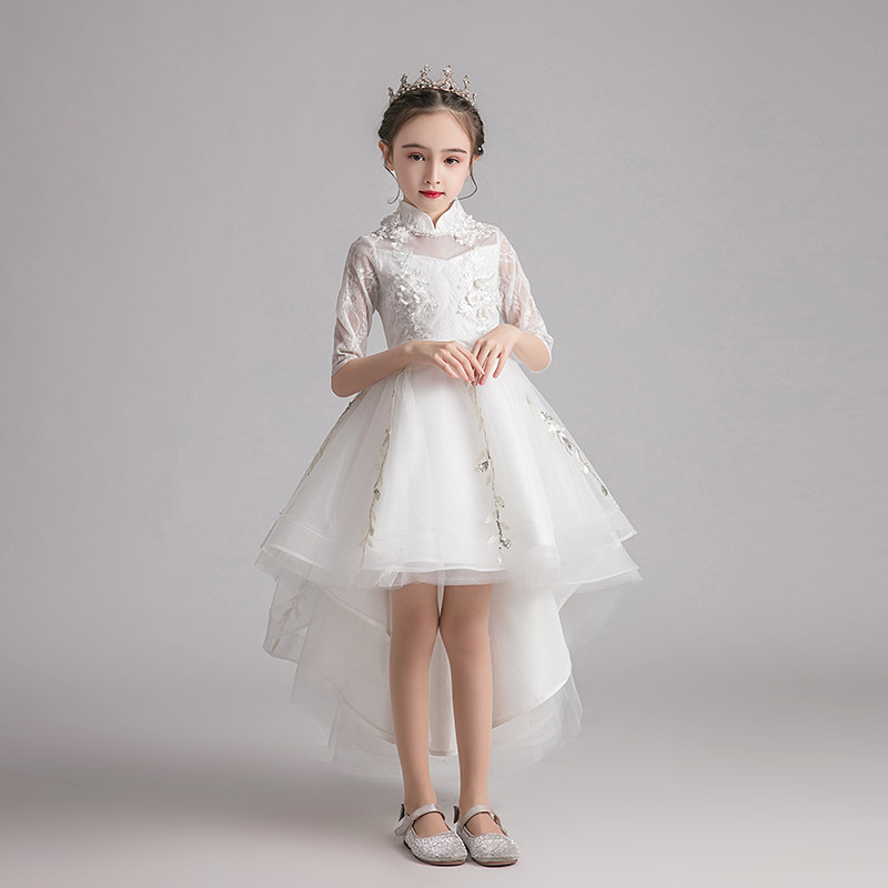 儿童礼服公主裙女童蓬蓬纱前短后长白色小花童婚纱钢琴演出服夏季