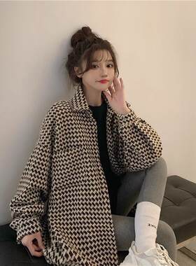 oversize格子衬衫外套女春秋新款宽松百搭bf慵懒风时尚中长版上衣