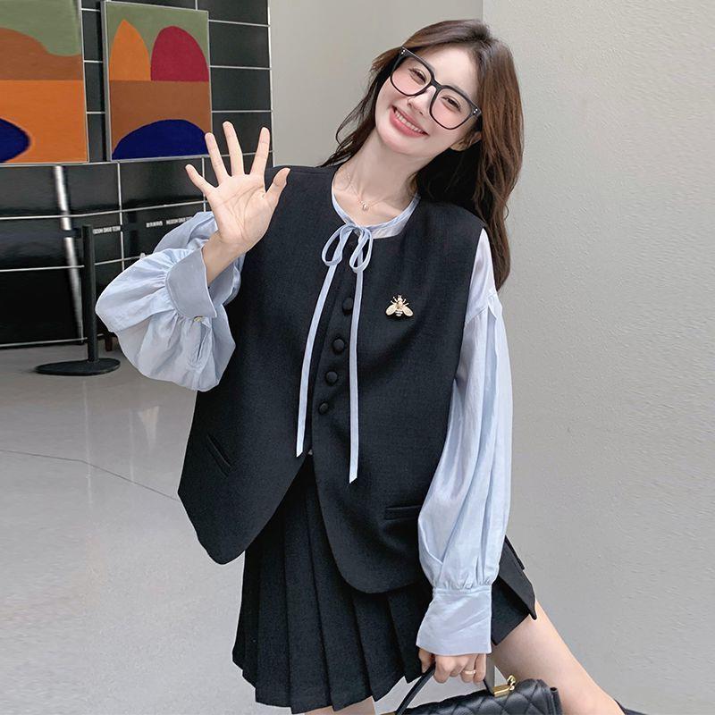 学院风时尚套装女春秋新款减龄灯笼袖衬衫马甲高腰百褶短裙三件套