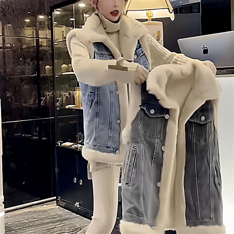 韩版加绒加厚羊羔毛牛仔马甲女秋冬新款百搭显瘦宽松无袖背心外套