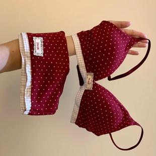 波点可爱本命年红色内衣内裤套装女小胸薄款结婚新娘文胸马年礼物