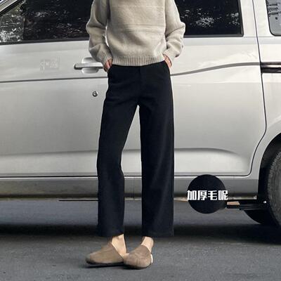 左手日记25冬季新款黑色加厚毛呢直筒裤九分裤简约宽松通勤女裤